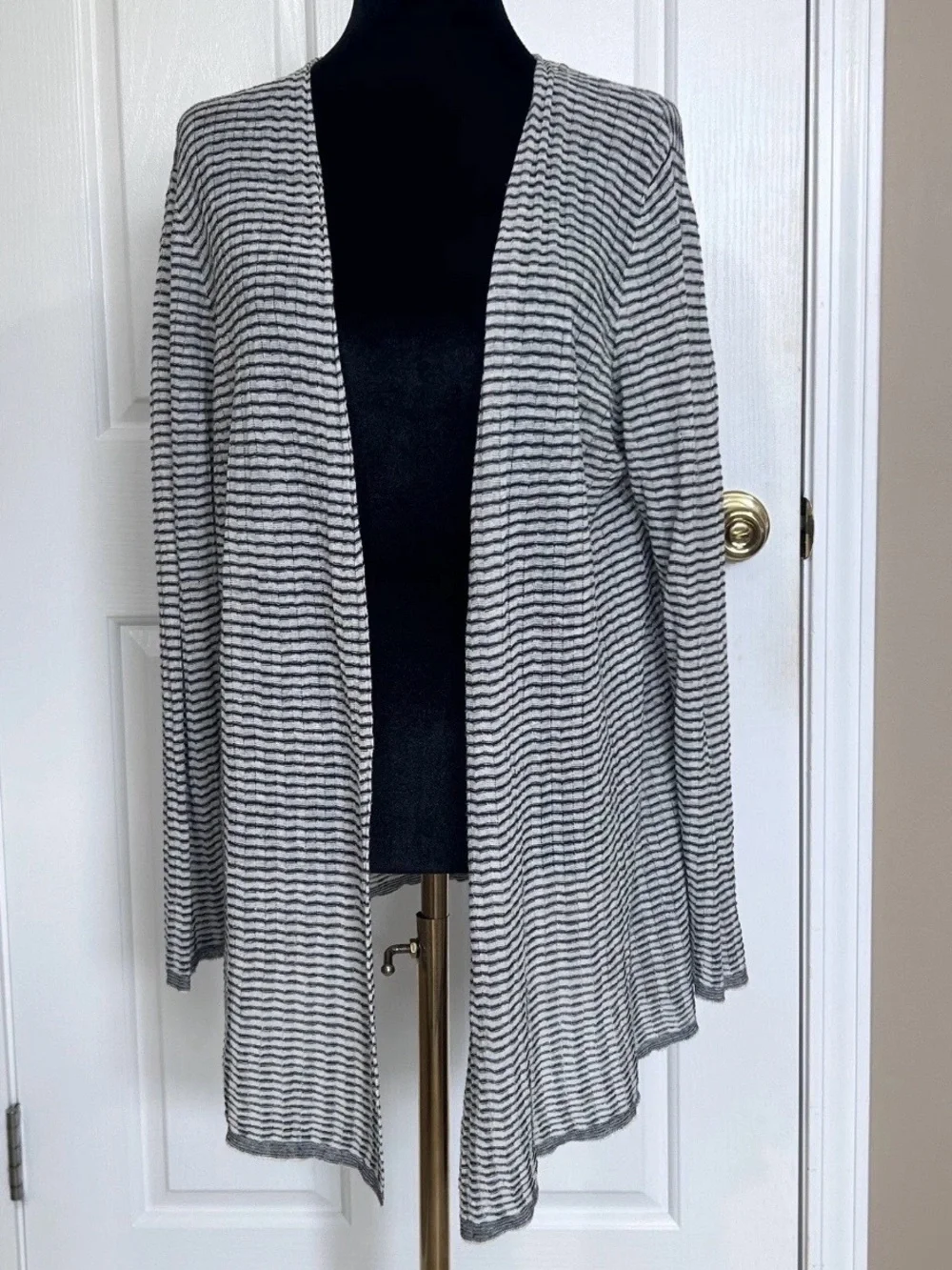 Eileen Fisher Organic Linen Blend Striped Open Front Cardigan Sweater Knit Large - Picture 1 of 6